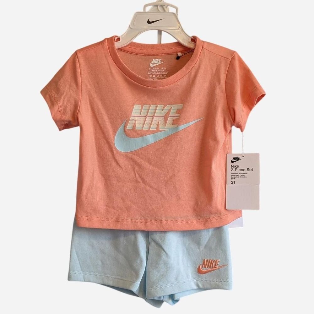 Nike Toddler Girls Size 2T Orange Glacier Blue Athletic Shirt Shorts Set